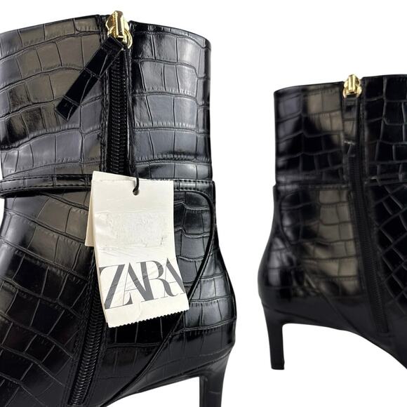 NEW Zara Black Croc Leather Buckle Pointed Toe Heeled Ankle Boots Size 41/US 10 - Picture 9 of 9
